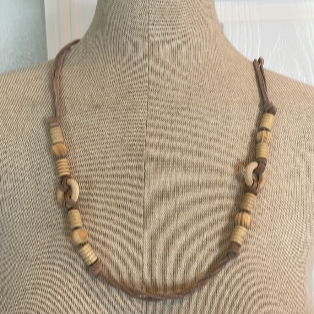 Necklace Leather Wood Beads Rings Natural